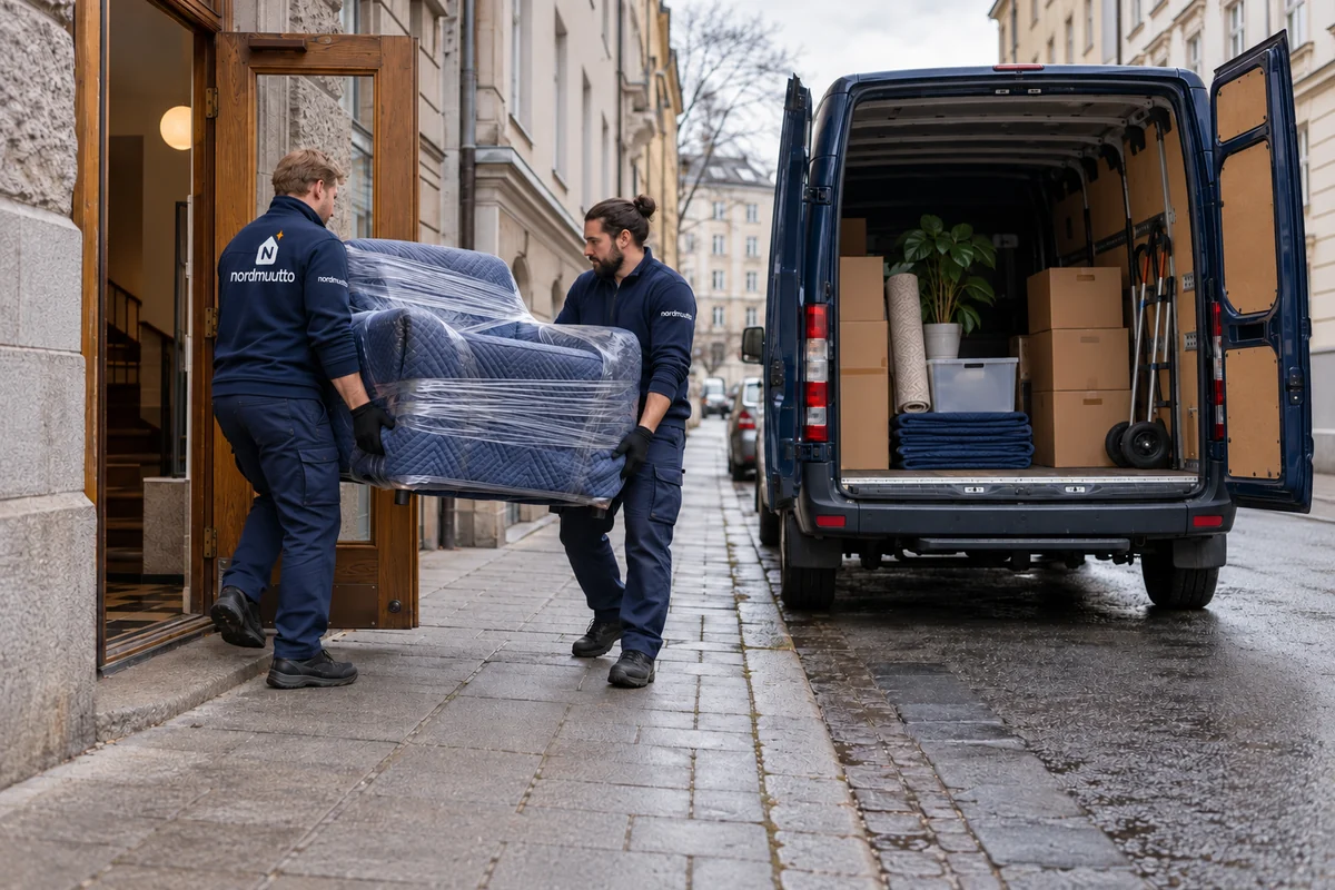 Kuvitus: muuttoautoa lastataan kapealla kantakaupungin kadulla.