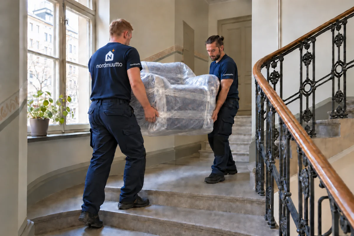 Kuvitus: kaksi muuttajaa kantaa suojattua nojatuolia vanhan kerrostalon portaikossa.