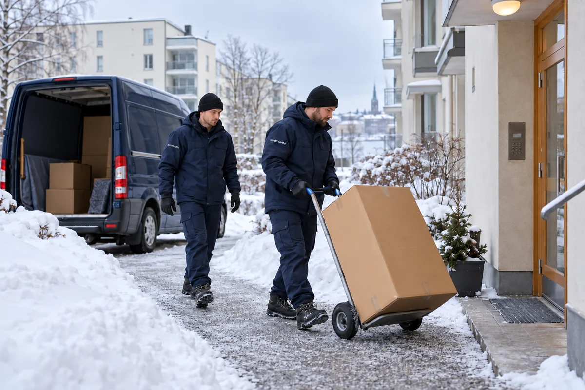 Kuvitus: muuttajat kuljettavat laatikkoa lumisen helsinkiläisen talon edustalla.